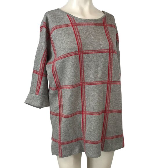 TAHARI - WOMEN'S 1X - GRAY RED WINDOW PANE SWEATER TOP SHIRT - Picture 1 of 8
